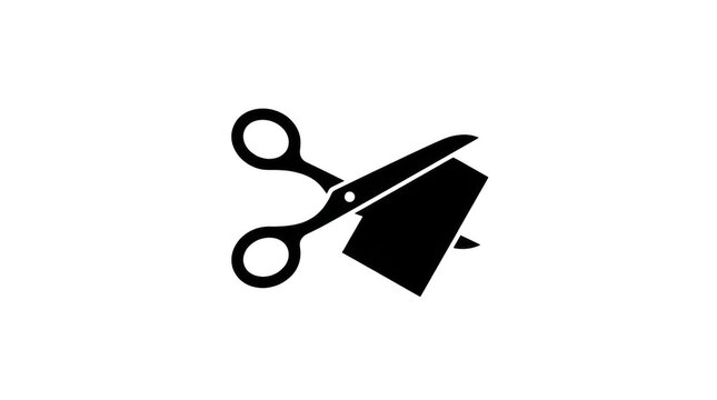 A pair of black scissors cutting a piece of black paper isolated on transparent background