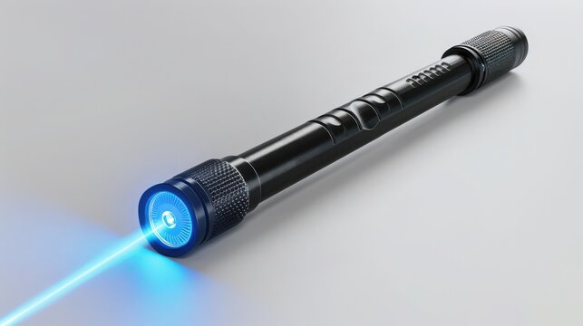 Laser pointer emitting bright blue beam across a neutral background surface during demonstration.