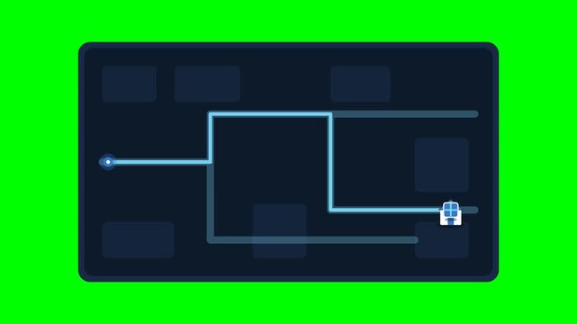 Premium 2D flat vector motion graphics of a package tracking along a digital map route from start to destination, ending with a success checkmark. Solid green screen background.
