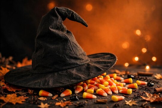 Black witch hat with colorful candy corn pieces on a bold orange and black Halloween party background with festive spooky mood
