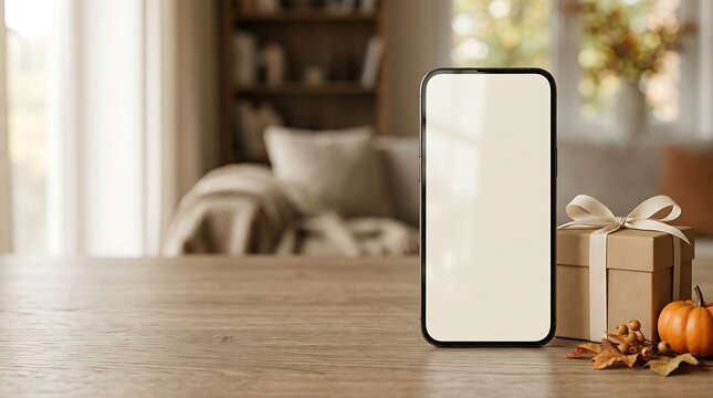 Smartphone with blank white screen on a wooden table next to a wrapped gift and a small pumpkin smartphone technology seasonal shopping ecommerce marketing
