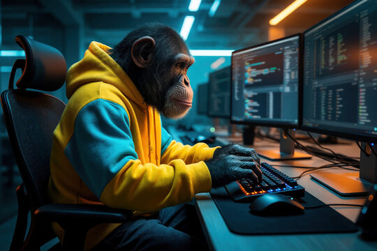 Chimpanzee wearing yellow hoodie works on computer in modern office. Intelligent primate types on keyboard using dual monitors for coding task. Funny monkey employee sits at desk focused on