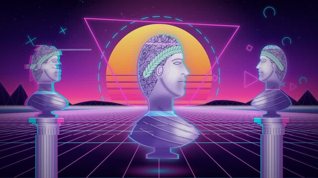 Vaporwave roman statues with glitch effects loop animation style