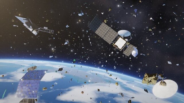 Hazardous space debris and satellite wreckage orbiting around planet Earth in outer space