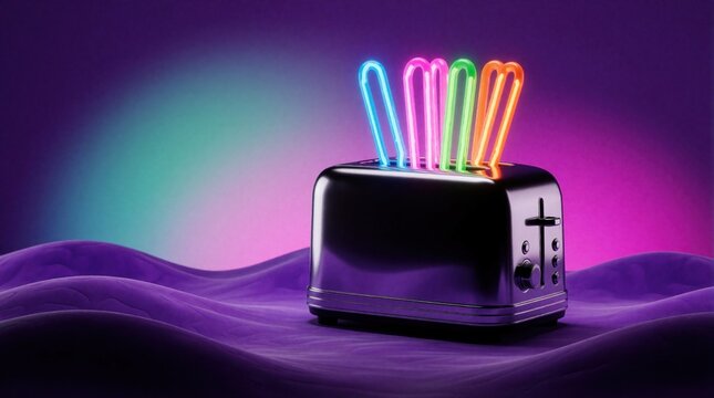Modern black toaster with glowing neon light tubes in blue pink, orange colors. Electric kitchen appliance sits on wavy purple surface with colorful gradient background. Futuristic concept of smart
