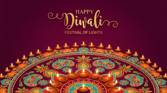 Happy Diwali festival card with gold diya patterned and crystals on paper color Background.