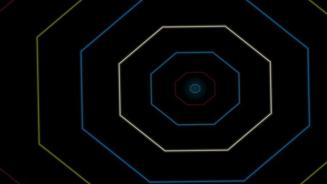 Concentric glowing neon octagonal outlines appear against a solid dark black backdrop