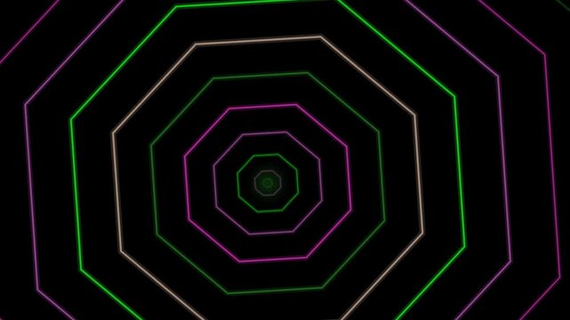 Concentric neon octagons recede into a dark background with purple green and yellow glowing lines