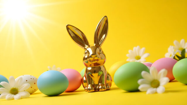 Golden Decorative Easter Bunny Figurine Surrounded by Colorful Pastel Painted Eggs and White Spring Flowers on Bright Yellow Background