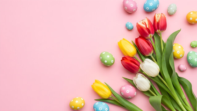 Beautiful Easter Spring Floral Arrangement Featuring Colorful Tulips and Decorative Polka Dot Painted Eggs on a Soft Pastel Pink Background