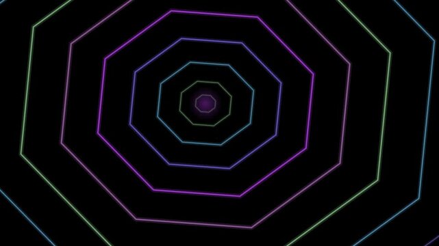 Rainbow colored neon concentric octagons recede into solid black background