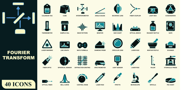 Comprehensive set of forty fourier transform featuring optical equipment, laser components, mathematical symbols, and laboratory measurement tools in a flat, two-tone style