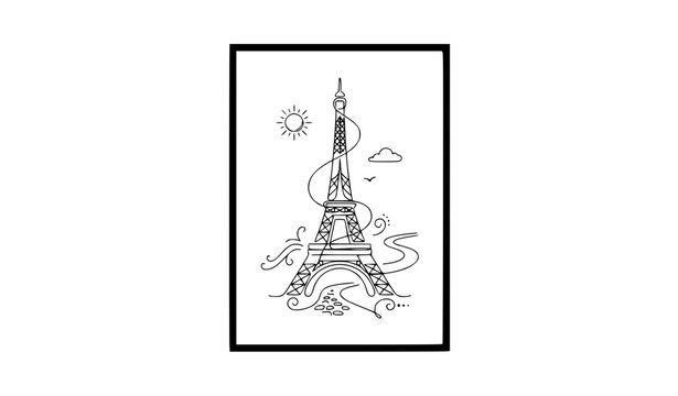 Eiffel Tower Paris Tourism Wall Decor Continuous Line Art Vector