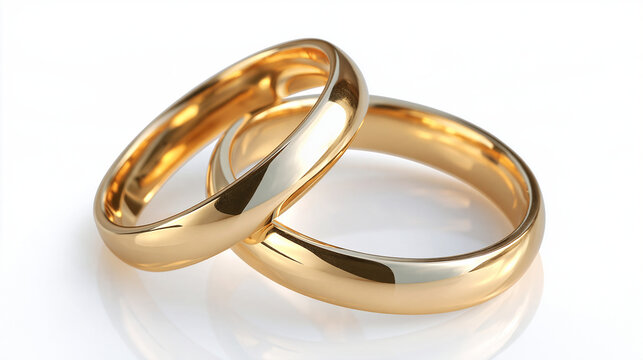 Two golden wedding rings isolated on a transparent background, symbol of love and marriage, engagement jewelry concept, with copy space