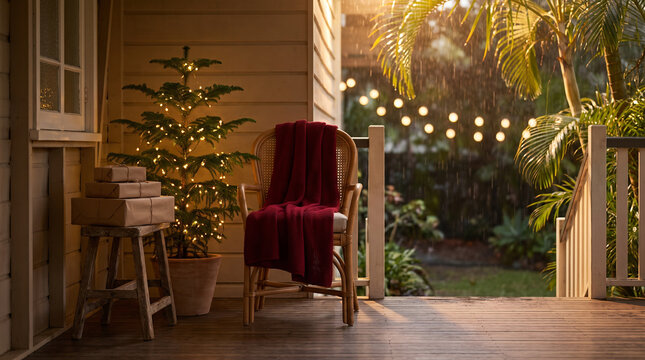 Cozy Christmas Porch with Gifts and Tree During Tropical Rain