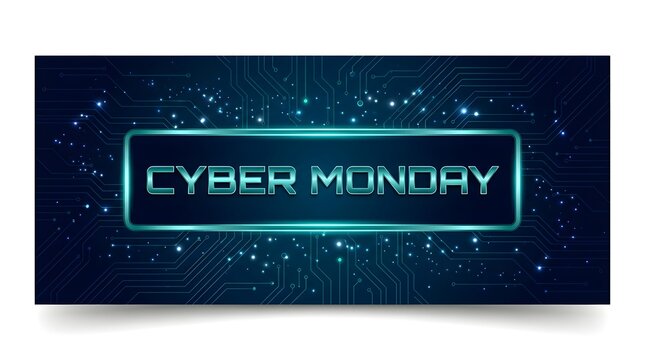 Cyber monday banner with digital circuit board background and glowing neon light effect