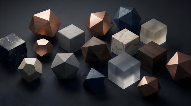 Collection of 3D geometric shapes including cubes and polyhedrons in various materials like marble, wood, glass, and copper on a dark background