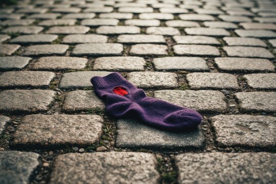 Single purple sock lies lonely on old cobblestone street. Torn fabric with red hole rests on stone pavement. Lost clothing item creates mysterious mood in urban city. Abandoned textile object tells