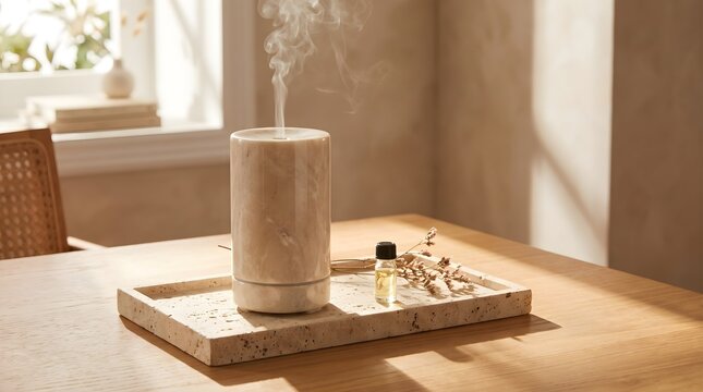 White marble essential oil diffuser emitting mist on a wooden tray with a small oil bottle, illuminated by warm natural sunlight