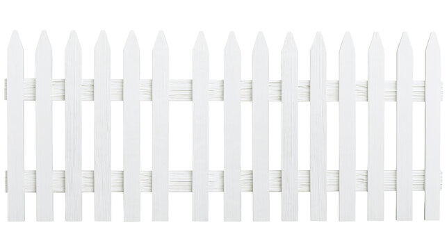 Isolated white wooden picket fence panel with sharp tops, ideal for garden or boundary design.