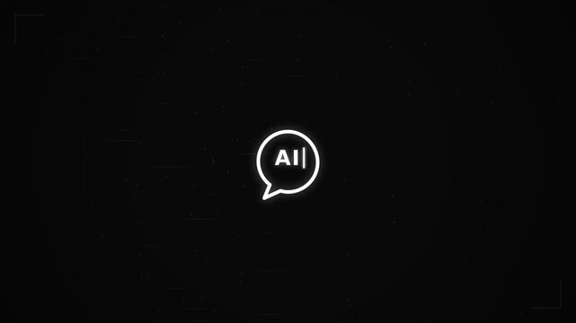 Minimalist vector icon of a white AI chatbot speech bubble on black background, representing artificial intelligence communication, ideal for technology blog graphics and virtual assistant interface