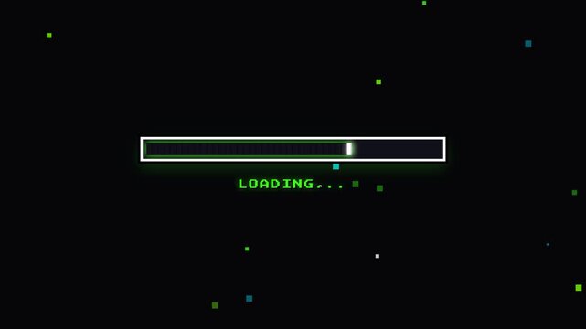 Premium 4K UI animation of a retro arcade style health and mana loading progress bar with glowing pixel particles and 8-bit typography.