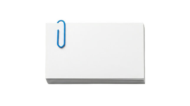 A stack of white index cards held together by a blue paper clip isolated on transparent background