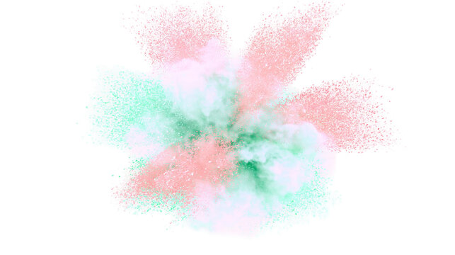 Isolated vibrant pink and green color powder explosion, dynamic colorful dust burst effect