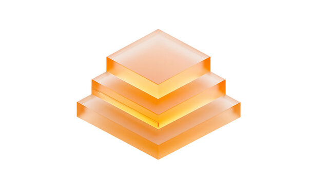 Isolated glowing orange geometric abstract pyramid made of stacked translucent rectangular blocks
