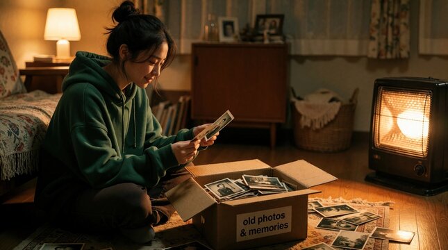 Young woman sits on floor in cozy living room looking at old photos from cardboard box. Smiles reminiscing about past family memories. Nostalgic lady holds vintage pictures in dark home with warm