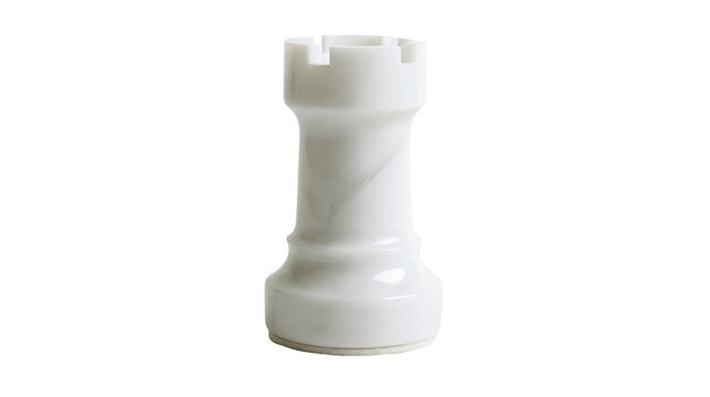 Isolated elegant white marble chess rook with text F (740) on black bar underneath