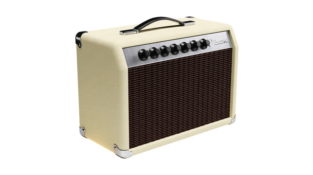 Isolated vintage cream guitar amplifier with brushed metal control panel and classic black knobs