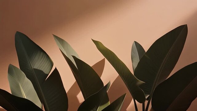 Elegant Leaves with Soft Light: Lush, dark green leaves with prominent veins are illuminated by gentle light, casting soft shadows against a warm, textured wall.