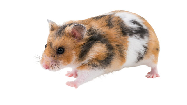 Isolated cute small pet hamster with beautiful brown black and white fur standing