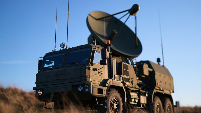 Front three-quarter view of a rugged military communications truck fitted with a large parabolic satellite dish and mobile radar array, reinforced bodywork and multiple antennas,