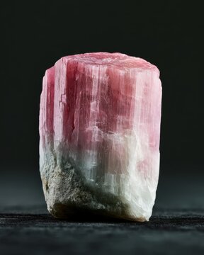 Extreme close-up of pink and white spodumene lithium crystal with vertical striations and translucent glassy cleavage planes on dark background