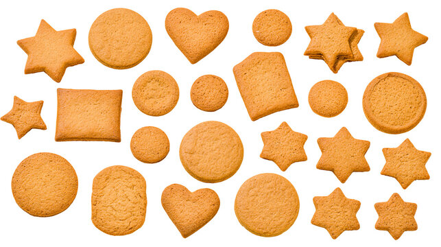 Isolated assortment of crispy gingerbread cookies in various shapes for Christmas and festive baking