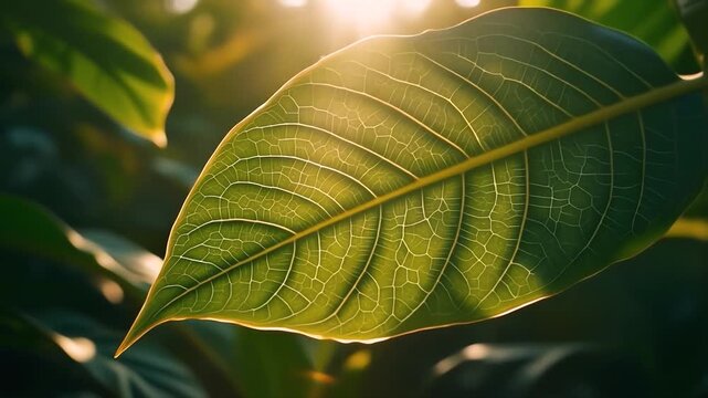 Sunlight on Green Leaf: Close-up of a vibrant green leaf, its intricate veins illuminated by the warm golden rays of the sun, creating a delicate pattern of light and shadow.