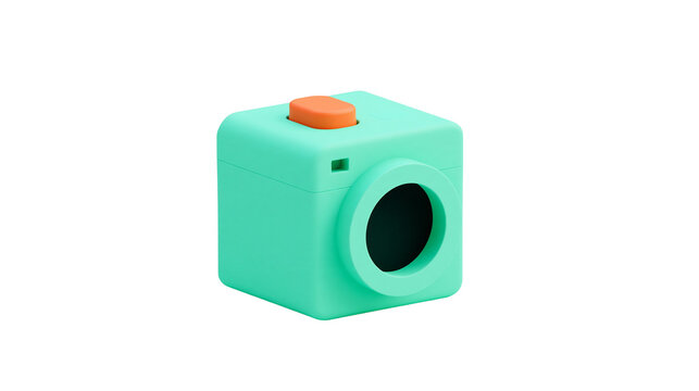 Isolated minimalist green toy camera with an orange button, playful object for children