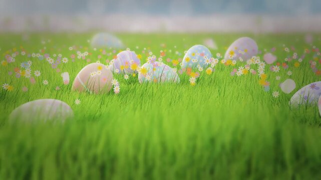 easter eggs rolling across spring grass field with colorful wildflowers 3d animation loop