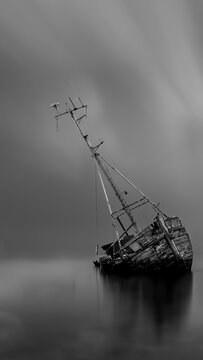 Abandoned fishing boat beneath dark clouds