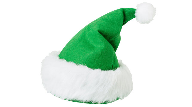 Isolated green elf hat with white fur trim and fluffy pom-pom for festive holiday season