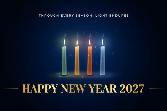 Through every season light endures happy new year 2027 with four tall glowing candles in different colors set against a deep dark background