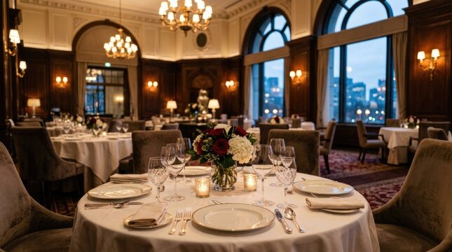 Premium restaurant dining area inside a luxury hotel with elegant table settings and sophisticated architectural interior, spacious composition designed for marketing layouts, ultra realistic, premiu