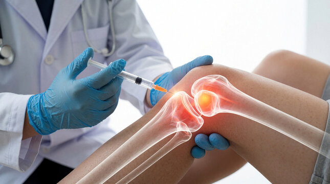 Doctor gives corticosteroid injection into inflamed knee joint for pain relief. Medical pro uses syringe on patient leg with anatomical bone overlay. Orthopedic treatment for arthritis injury in