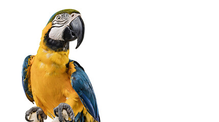 Isolated majestic blue and gold macaw parrot, vibrant colorful plumage, intense curious expression © Ciara