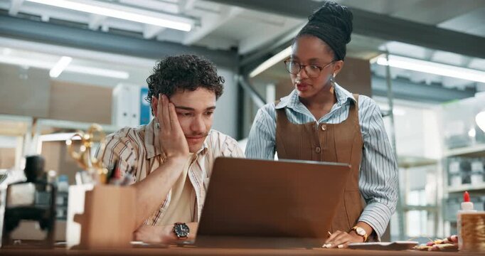 Team, laptop and stress in startup for shipping error, order tracking issue or supply chain delay. Ecommerce, people and disappointed with tech for delivery fail, refund request and client pressure