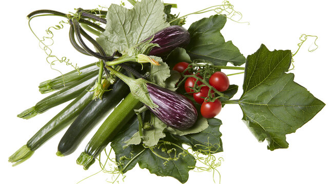 Isolated fresh vegetables composition with zucchini, eggplants, and tomatoes for healthy eating.
