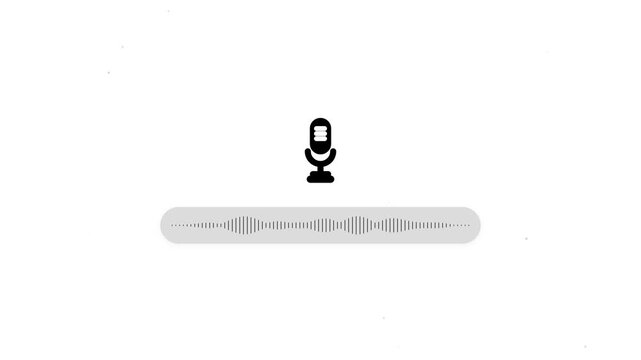 Minimalist microphone icon with grey voice waveform bar on a white background, concept for smart audio assistant, ideal for mobile app interface design and podcast branding.