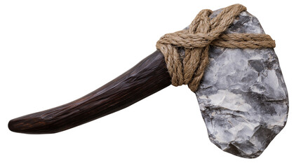 Isolated ancient primitive stone axe with wooden handle and rope binding, historical tool weapon © Ciara